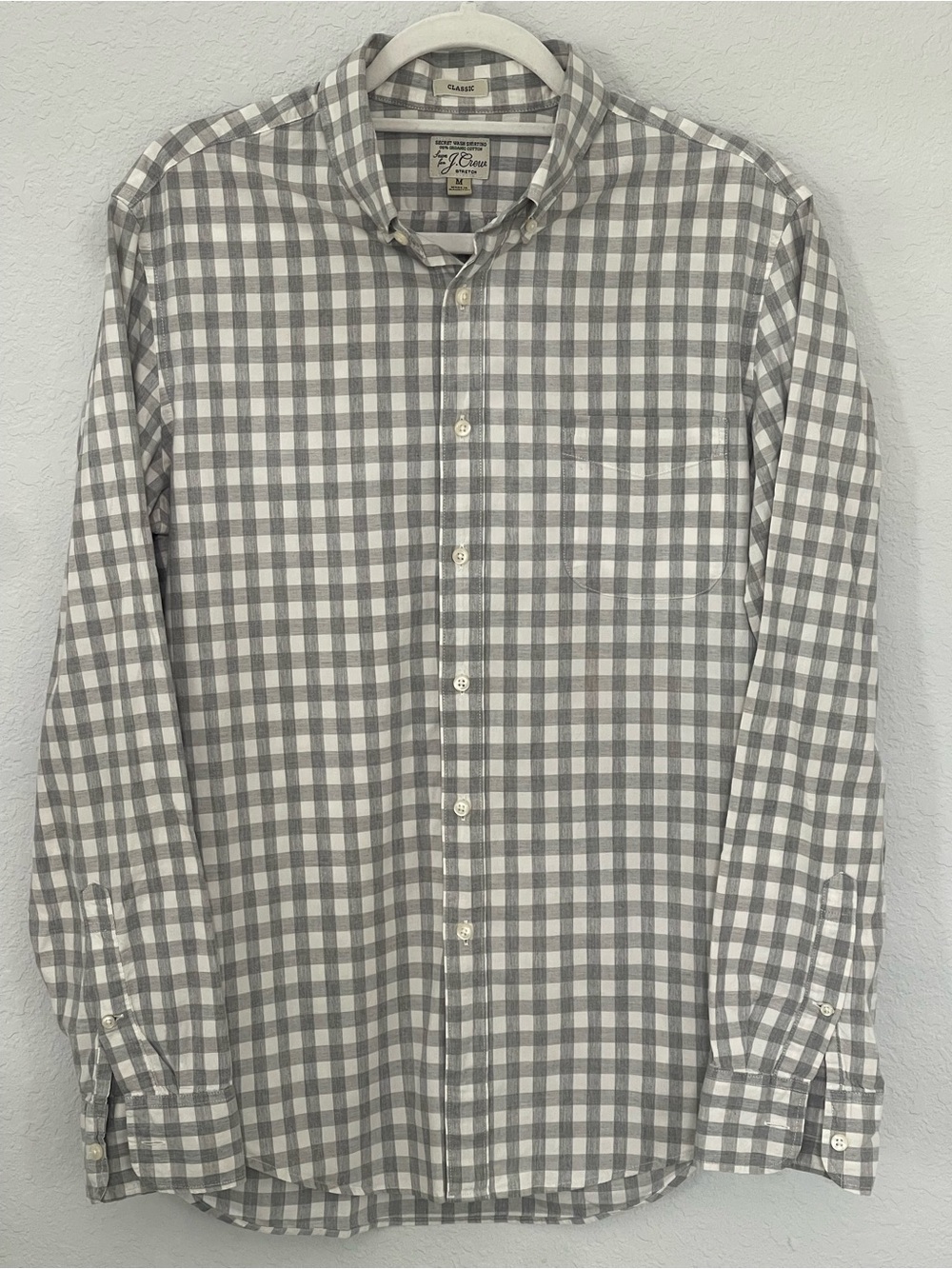 J.Crew Secret Wash Organic Cotton Gray Gingham Stretch Shirt Men’s M